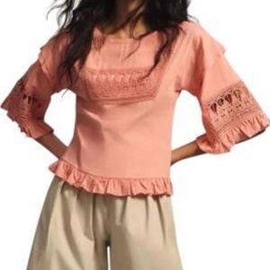 Women's Anthropologie eating Peach Lace Crochet Trim Crop Top